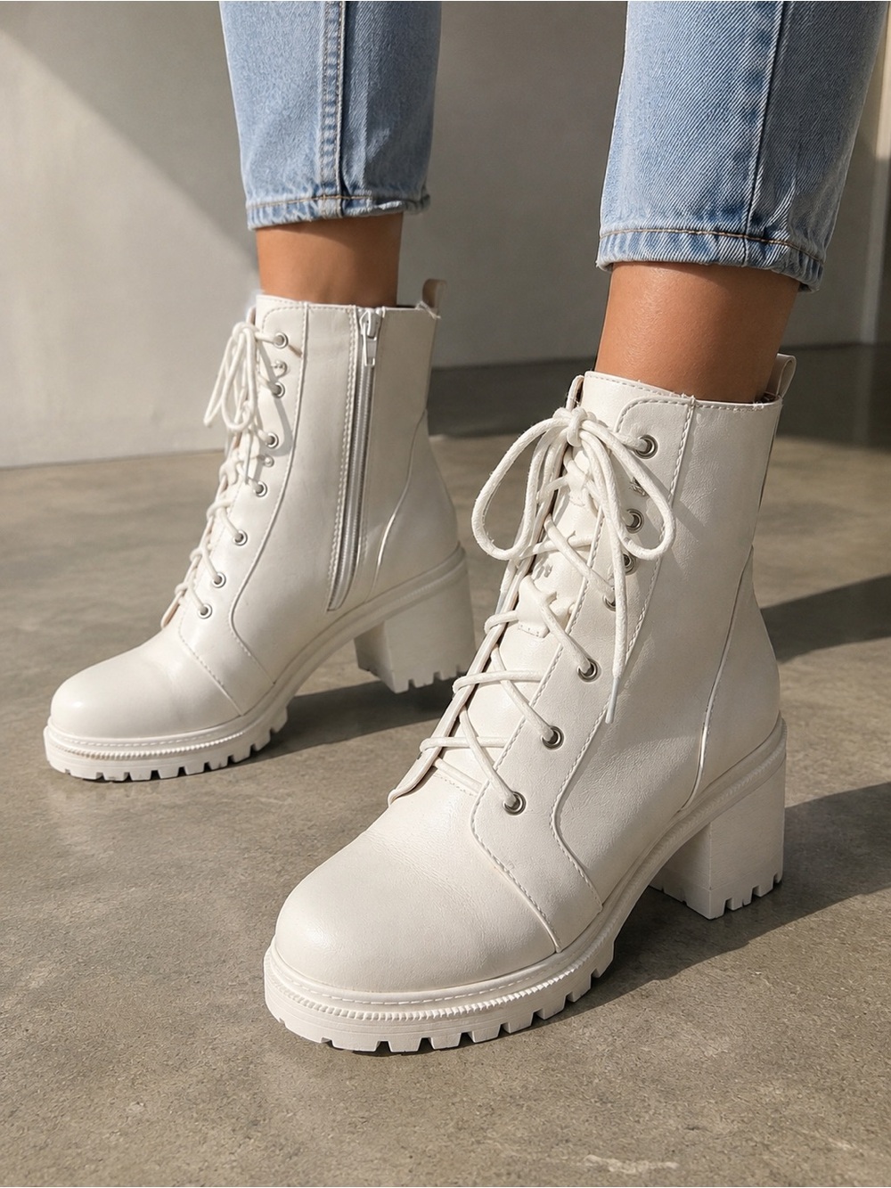 White Lace-Up Block Heel Ankle Boots